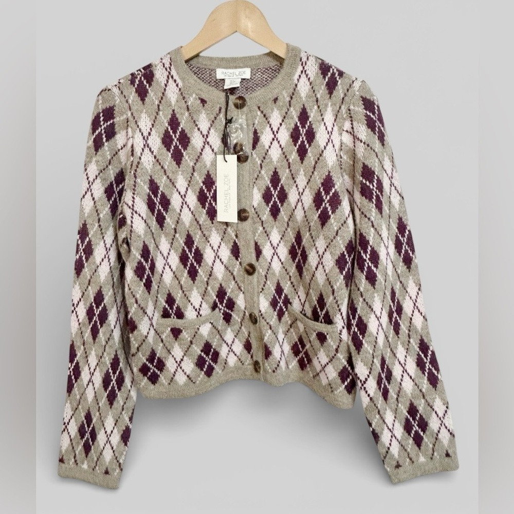 Rachel Zoe Argyle Knit Cardigan Sweater Button Front Pockets Small S NWT